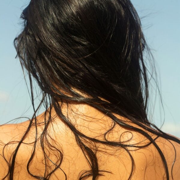 The back of a woman showing long, dark, wet hair on her back as if she's just emerged from the ocean and is in the sunshine on the beach.